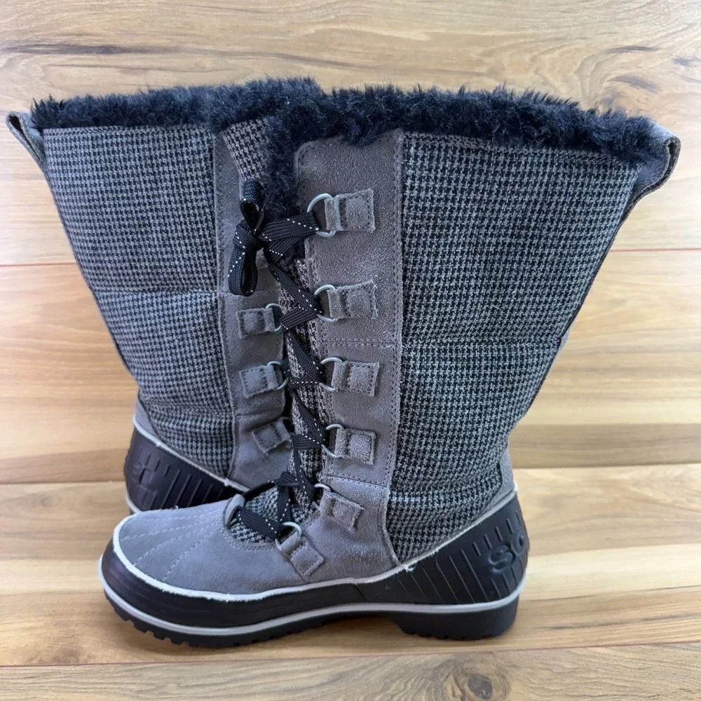 Sorel Tivolli Tall Boots Womens 9 Gray Houndstooth Waterproof Faux Fur Tall